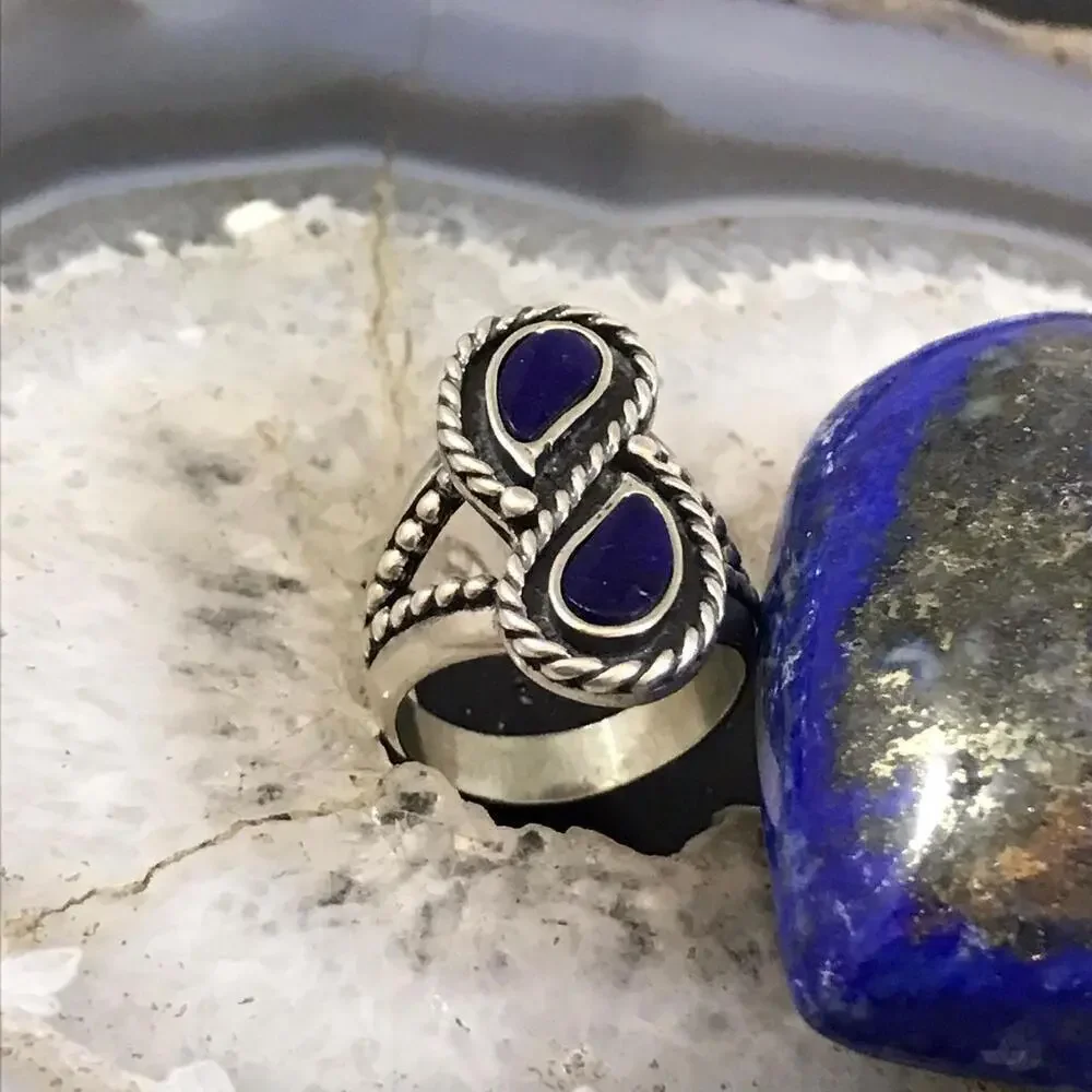 Carolyn Pollack Sterling 2 Curved Pear Lapis Decorated Ring Size 6 For Women